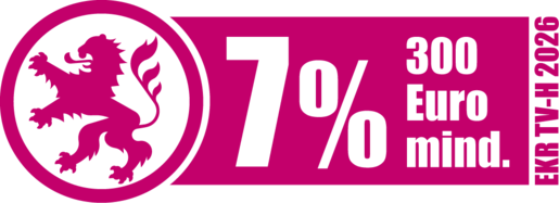 Eine Grafik mit dem hessischen Löwen und einem pinken Band auf dem "7%, 300€ mind." steht.
