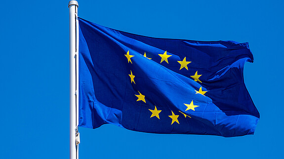 Die AG Europa informiert - Februar 2025 Das Foto zeigt eine Europaflagge, die im Wind flattert.