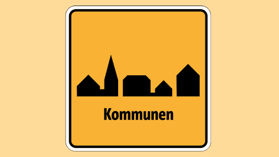 Grafik Kommmunen, symbolisiert Häuser auf gelben Hintergrund