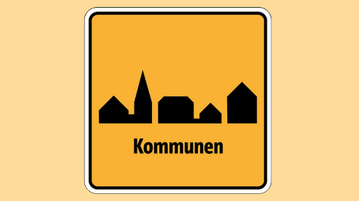 Grafik Kommmunen, symbolisiert Häuser auf gelben Hintergrund