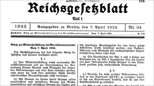 Erinnerung an «Gesetz zur Wiederherstellung des Berufsbeamtentums»