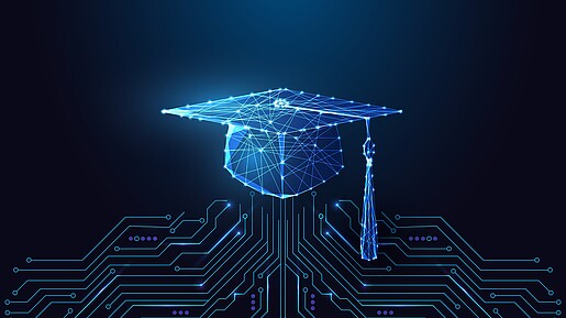 Das Bild zeigt ein digitales, leuchtendes Symbol eines Doktor- oder Absolventenhuts, das durch Netzlinien und Schaltkreise mit Technologie und künstlicher Intelligenz verknüpft ist.