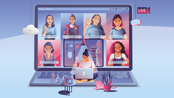 Frauenpolitische Fachtagung 2022 Eine Illustration zeigt eine Videochatoberfläche mit mehreren Teilnehmerinnen in einem Laptop als Symbol für New Work.