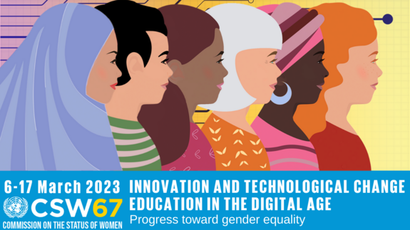UN-Frauenrechtskommission 2023 Logo-Banner der UN-Frauenrechtskommission 2023 - ein bunte Grafik mit Frauen aus verschiedenen Kulturkreisen