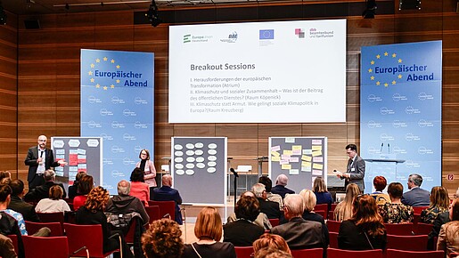 Auf der Bühne stellen die drei Leiterinnen und Leiter die Ergebnisse der Workshops vor